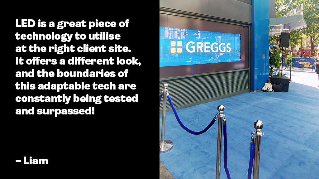 Quote from blog, and image of Greggs LED screen